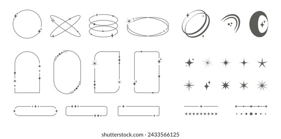 Modern minimalist aesthetic line frames and geometric shapes with stars set. Y2K monochrome design elements.