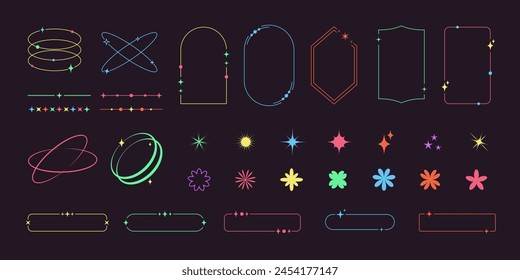 Modern minimalist aesthetic line frames and trendy shapes with stars set. Y2K multicolor design elements.