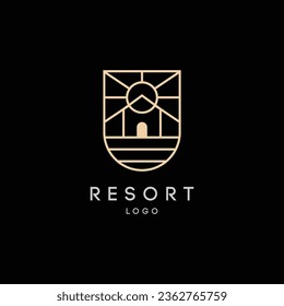 Diseño de logotipo de diseño moderno, minimalista y estético Resort. Playa, atardecer y elementos de construcción en un marco con un estilo lineal geométrico