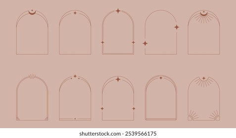 Moderna minimalista estética trendy lineares quadros com estrelas, arcos quadros, formas geométricas. Conjunto decorativo de quadros em estilo boho. Ilustração vetorial