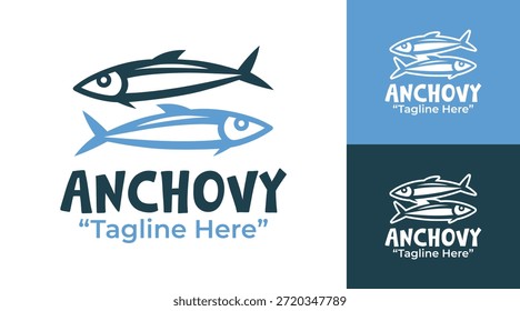 Un moderno logotipo minimalista de anchoa diseñado para proyectos profesionales de identidad de pescado y marisco.