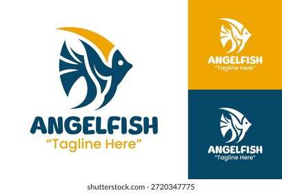 Un moderno logotipo minimalista de pez ángel diseñado para una marca marina premium e identidad acuática profesional.