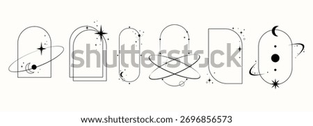 Modern minimalist aesthetic line Arch Frame Vector Set in retro style. Minimal arch and window frames stars, planets, moons, orbit lines for logo design, branding, social media, posters, packaging