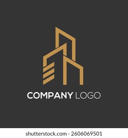 A modern and minimalist architecture logo design featuring abstract skyscraper elements in a sleek golden color. Perfect for real estate companies, construction firms, property developers