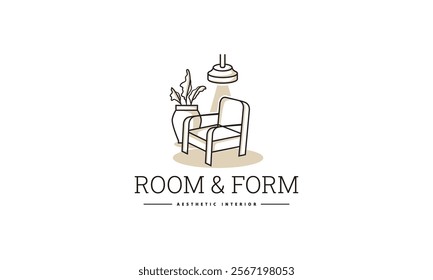 Modern minimalist armchair design with plant and lamp logo, furniture sweet home logo