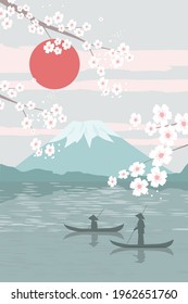Modern minimalist art abstraction, landscape. Mount Fuji sunrise landscape panorama of Japan, fishermen in boats, lake. Branches with cherry blossoms. Vector graphics.