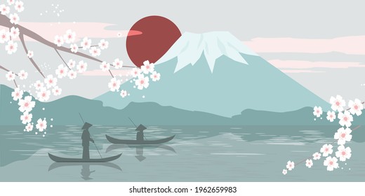 Modern minimalist art abstraction, landscape. Mount Fuji sunrise landscape panorama of Japan, fishermen in boats, lake. Branches with cherry blossoms. Vector graphics.