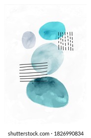 Modern minimalist art background with oval shapes. Hand painted brush vector texture. Watercolor mid century illustration. Suitable for brochures, wall decor, postcards, newsletter, covers.