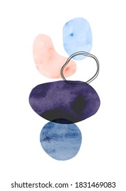 Modern minimalist art background with oval shapes and doodles. Hand painted brush vector texture. Watercolor mid century illustration. Suitable for brochures, wall decor, postcards, newsletter, covers
