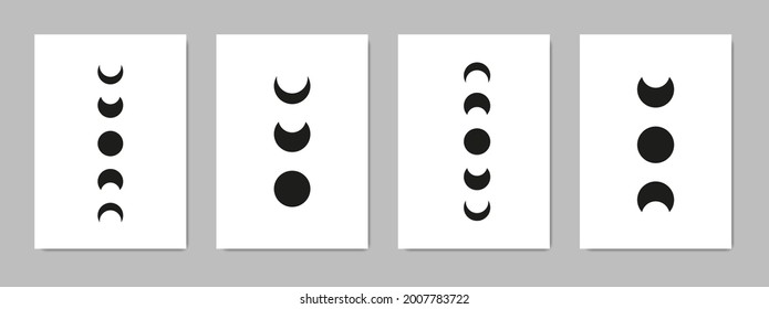 Modern minimalist art backgrounds with moon phases. Contemporary celestial illustration. Suitable for brochures, wall decor, postcards, prints, covers.