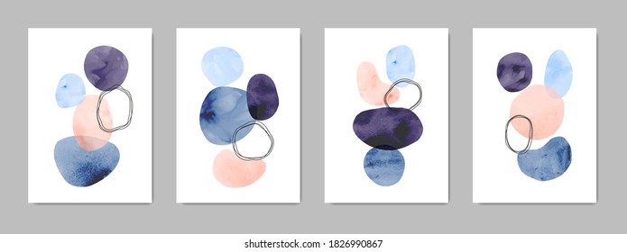 Modern minimalist art backgrounds with oval shapes. Hand painted brush vector texture. Watercolor contemporary collage illustration. Suitable for brochures, wall decor, postcards, newsletter, covers.