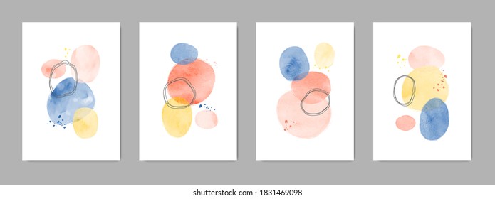 Modern minimalist art backgrounds with oval shapes. Hand painted brush vector texture. Watercolor contemporary collage illustration. Suitable for brochures, wall decor, postcards, newsletter, covers.