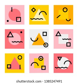 Modern minimalist art work with simple shapes in yellow, pink, white and black colors. Pattern ready to use in banners, social media, textiles, package, fabric, wallpaper, advertising and flyer.