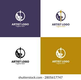 A modern minimalist artist logo featuring a paint palette and brush in gold and dark purple colors created for profession branding and artistic businesses.