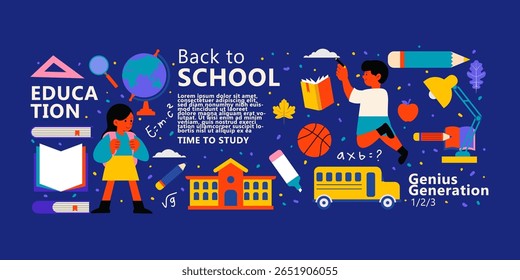 modern minimalist Back to School horizontal poster, trendy banner and flyer template with colorful and education elements. vector print