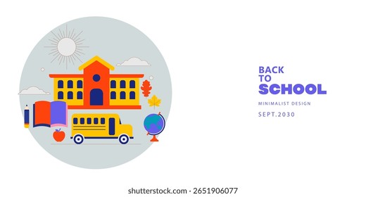 modern minimalist Back to School sale poster, banner and flyer template with colorful and linear education elements. vector print
