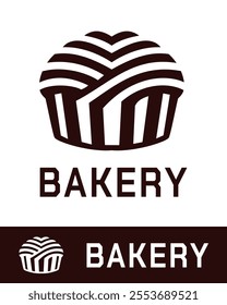 A modern and minimalist bakery logo in black-and-white, featuring a stylized bread or muffin icon with bold lines