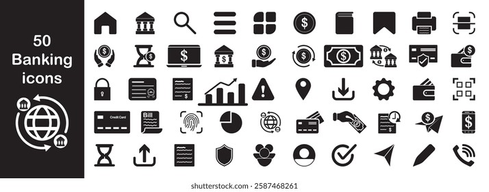 Modern, minimalist banking icons for finance apps, websites, or presentations. Features transactions, savings, loans, cards, security. Clean lines, flat design, versatile use.