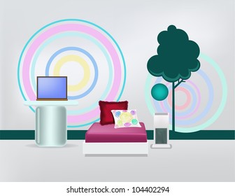 modern minimalist bedroom with one bed, cabinet, rounded table and laptop on it, in front of ornament on wall with circle line and tree shape