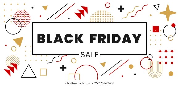 Modern minimalist Black Friday sale banner. Geometric shapes in Memphis style on white background. For print, coupons, advertising, leaflets, flyers. Horizontal Trendy flat Vector illustration