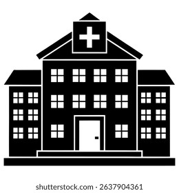 A modern, minimalist black and white vector illustration depicts a hospital building. 