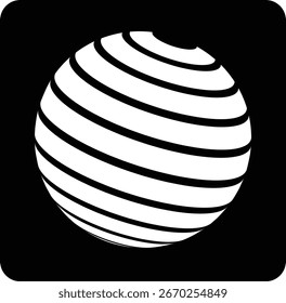 Un ícono de Vector moderno y minimalista en blanco y negro de una esfera global rayada, perfecto para App y Sitios web de negocios, tecnología o finanzas.