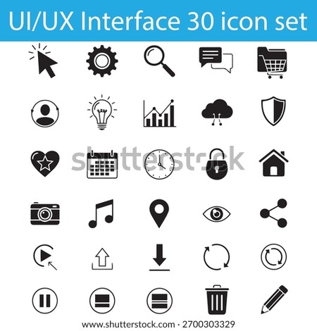 A modern minimalist black and white vector icon set featuring 30 UI and UX interface themed icons. Includes magnifying glass, gear, home, message, shopping cart, user, calendar, chat, lock, folder,