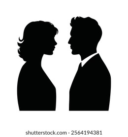 A modern and minimalist black-and-white illustration of a man and woman facing each other, crafted in a stylized line art style. Perfect for creative projects, branding, and contemporary artwork theme