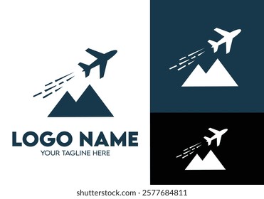 Modern Minimalist Blue Logo Design for Travel and Tour Agency Businesses, Professional Creative Logo Design for Travel related Brands, Logo for Blue Airplane With Mountain