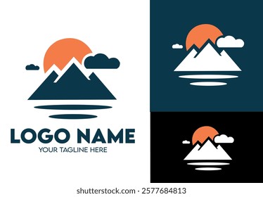 Modern Minimalist Blue Logo Design for Travel and Tour Agency Businesses, Professional Creative Logo Design for Hiking related Brands, Logo for Mountain with Sun