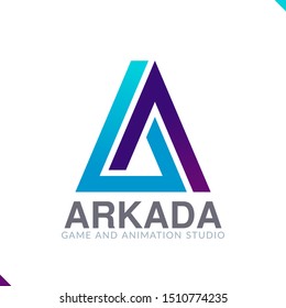 Modern minimalist blue triangle with parallel stripes, represent professionalism and innovation. Vector logo template for game, animation, entertainment and information technology company.