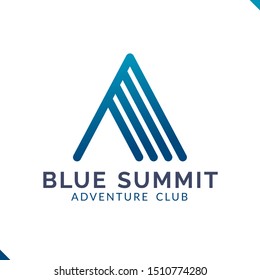 Modern minimalist blue triangle. Vector logo template for mountain, adventure and outdoor activity.