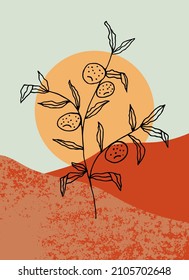 Modern minimalist bohemian abstraction with a tropical plant. Abstract aesthetic illustration. Scandinavian style vector background for wall art, covers, cards, cards. Terracotta, black pastel green.