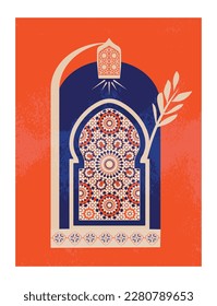 Modern and minimalist Boho design. Moroccan scene. A Moroccan doors, windows and traditional craftsmanship. Terracotta background. Vector illustration.