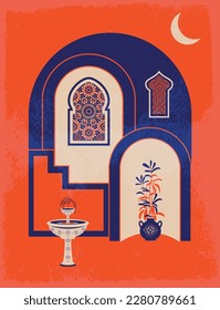 Modern and minimalist Boho design. Moroccan scene. A Moroccan doors, windows and traditional craftsmanship. Terracotta background. Vector illustration.