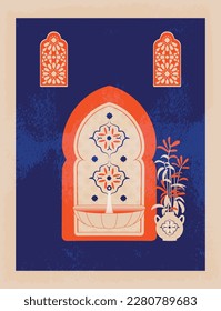 Diseño Boho moderno y minimalista. Escena marroquí. Puerta marroquí, ventanas y artesanía tradicional. Fondo de terracota. Ilustración vectorial.