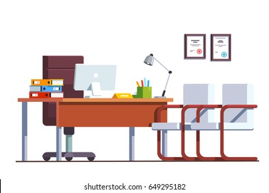 Moderno diseño minimalista de interiores de oficina con ordenadores de sobremesa. Decoración y mobiliario de director en el lugar de trabajo. Ilustración vectorial de estilo plano aislada en fondo blanco.