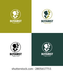 A modern minimalist botanist logo featuring a male silhouette and leaf graphics in green shades designed for profession branding and botanical services.