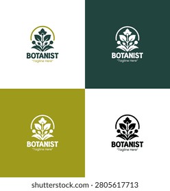 A modern minimalist botanist logo featuring leaf and frame elements in green tones developed for profession branding and botanical organizations.