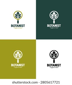 A modern minimalist botanist logo featuring leaves and a decorative frame in green tones designed for profession branding and botanical identity applications.