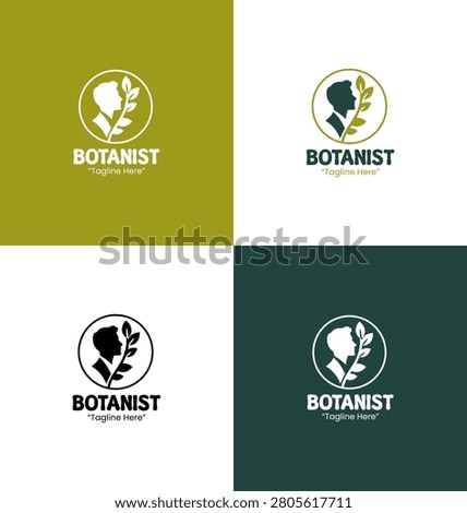 A modern minimalist botanist logo featuring a male silhouette and leaf graphics in green shades designed for profession branding and botanical services.