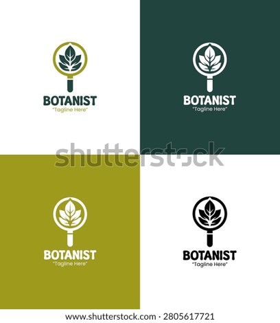 A modern minimalist botanist logo featuring leaves and a decorative frame in green tones designed for profession branding and botanical identity applications.