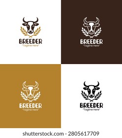 A modern minimalist breeder logo featuring a cow head and wheat elements in caramel and dark brown tones designed for profession branding and livestock identity.