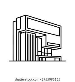 Modern Minimalist Brutalist Building Vector Icon featuring Geometric Concrete Modular Blocks and Cantilevered Architectural Elements for Urban Development Design