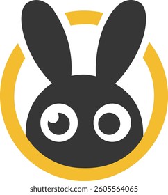 A modern, minimalist bunny logo with a bold black silhouette and a striking yellow circular accent. The design combines simplicity with a fun, cartoonish expression, making it perfect for branding, ga