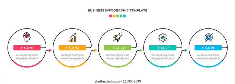 Modern Minimalist Business Infographic template circle shape. 5 steps / option timeline with icons. For presentation, process, diagram, workflow, chart. Vector with red, blue, green, orange color