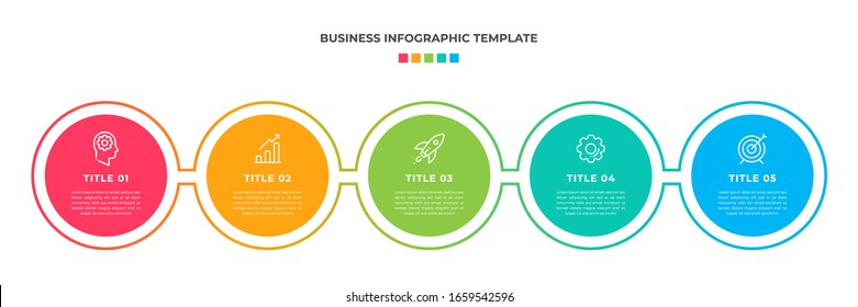 Modern Minimalist Business Infographic Template Circle Shape. 5 Steps / Option Timeline With Icons. For Presentation, Process, Diagram, Workflow, Chart. Vector With Red, Blue, Green, Orange Color