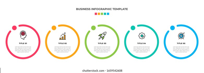 Modern Minimalist Business Infographic template circle shape. 5 steps / option timeline with icons. For presentation, process, diagram, workflow, chart. Vector with red, blue, green, orange color