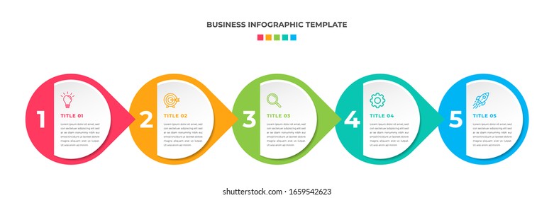 Modern Minimalist Business Infographic template circle shape. 5 steps / option timeline with icons. For presentation, process, diagram, workflow, chart. Vector with red, blue, green, orange color