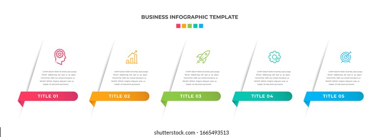 Modern Minimalist Business Infographic template square shape. 5 steps / option timeline with icons. For presentation, process, diagram, workflow, chart, web. Vector with red, blue, green, orange color